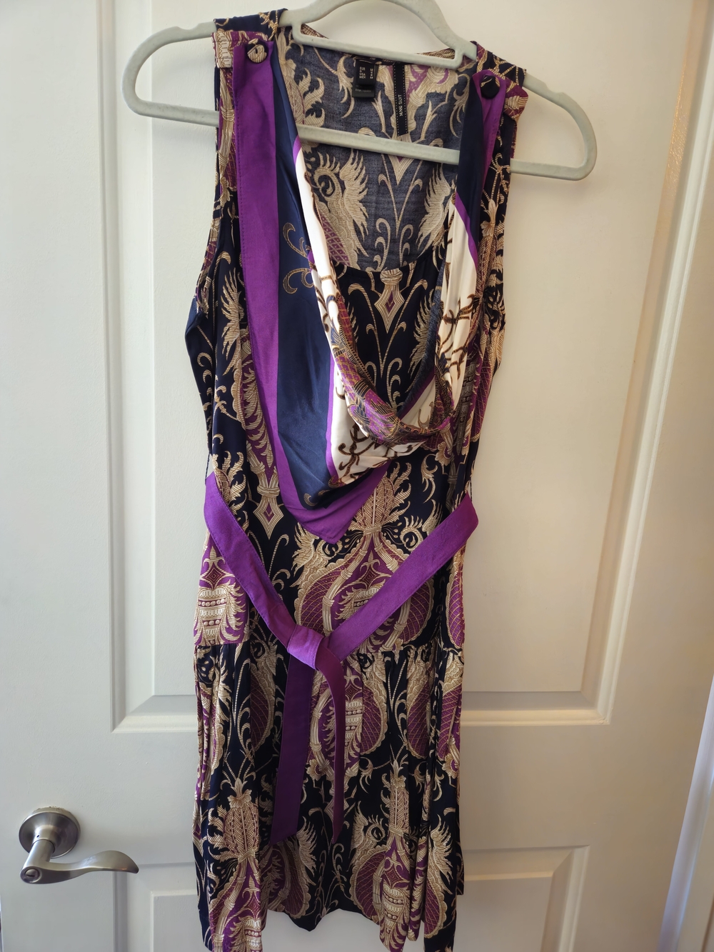 Mango Black, Purple & Gold Paisley Cowl Neck Mini Dress